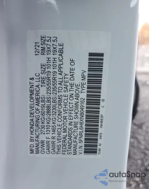 2022 Honda Odyssey Touring из США, поврежденный, VIN 5FNRL6H8XNB049162